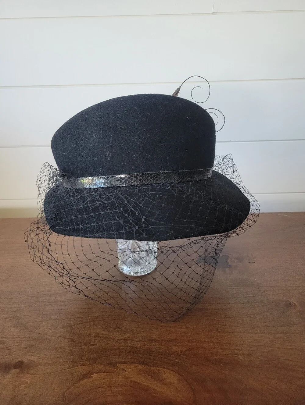 Vtg Adolfo II New York Paris Black Wool Felt Cocktail Hat Birdcage Veil Feather